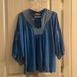 Blue Embroidered U-neck Blouse